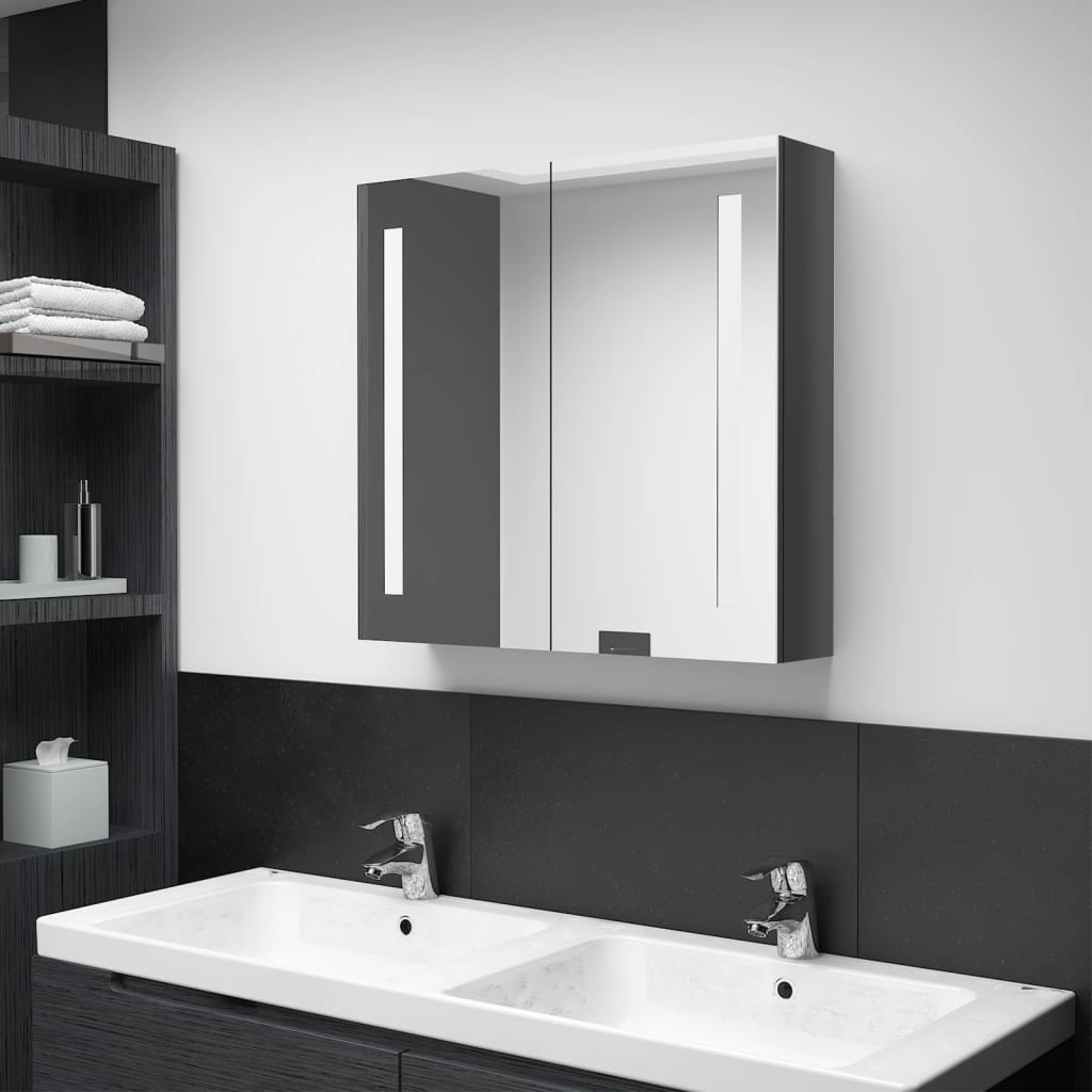 Armadietto Bagno con Specchio e LED-Mobile bagno con specchio Grigio Lucido 62x14x60 cm