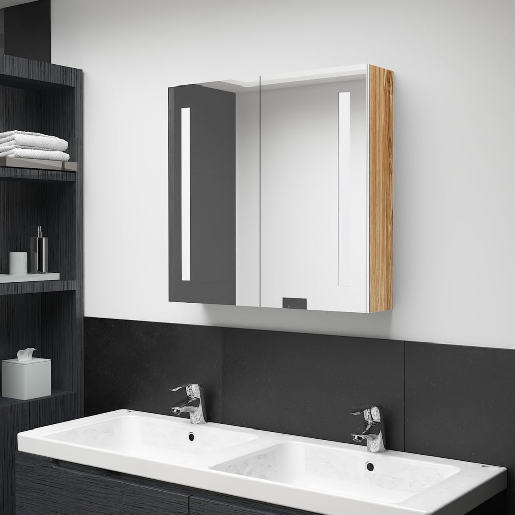 Armadietto Bagno con Specchio e LED Bianco e Rovere 62x14x60 cm cod mxl 58978