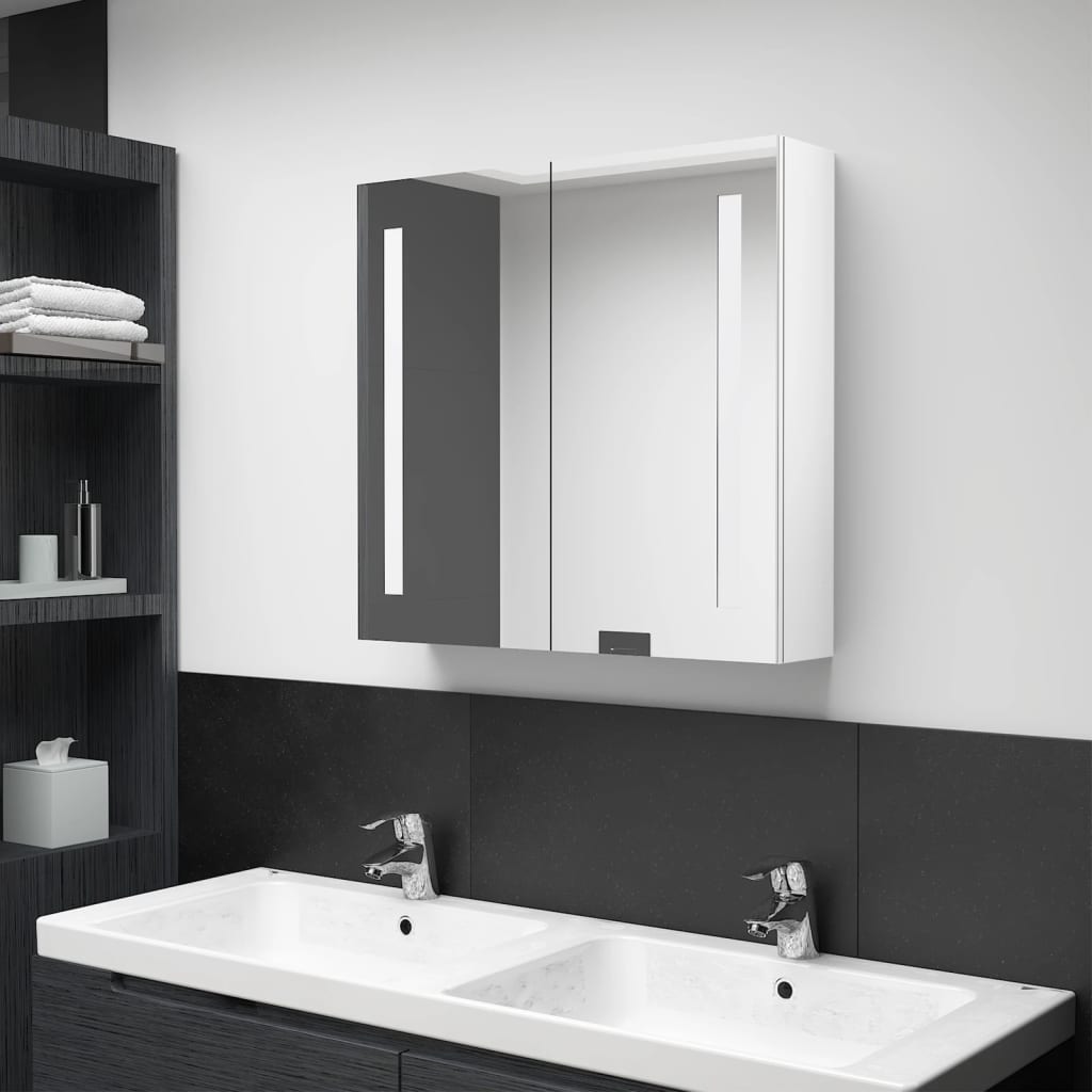 Armadietto Bagno con Specchio e LED Bianco Lucido 62x14x60 cm 326524