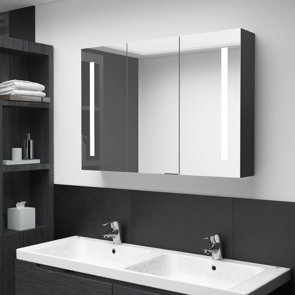 Armadietto Bagno con Specchio e LED Nero Lucido 89x14x62 cm 326526