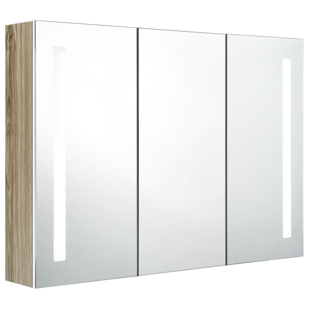 Armadietto Bagno con Specchio e LED-Mobile bagno con specchio 89x14x62 cm Bianco e Rovere