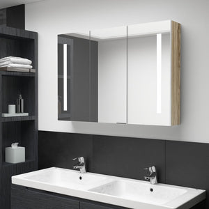 Armadietto Bagno con Specchio e LED 89x14x62 cm Bianco e Rovere 326530