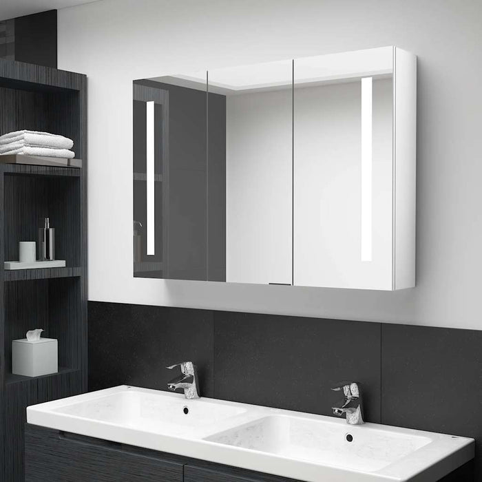 Armadietto Bagno con Specchio e LED Bianco Lucido 89x14x62 cm 326531