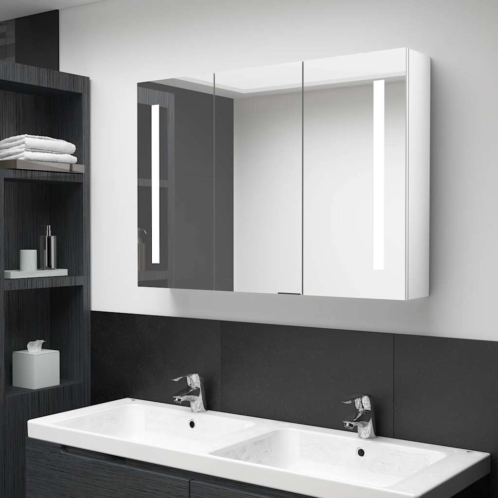 Armadietto Bagno con Specchio e LED Bianco Lucido 89x14x62 cmcod mxl 97027