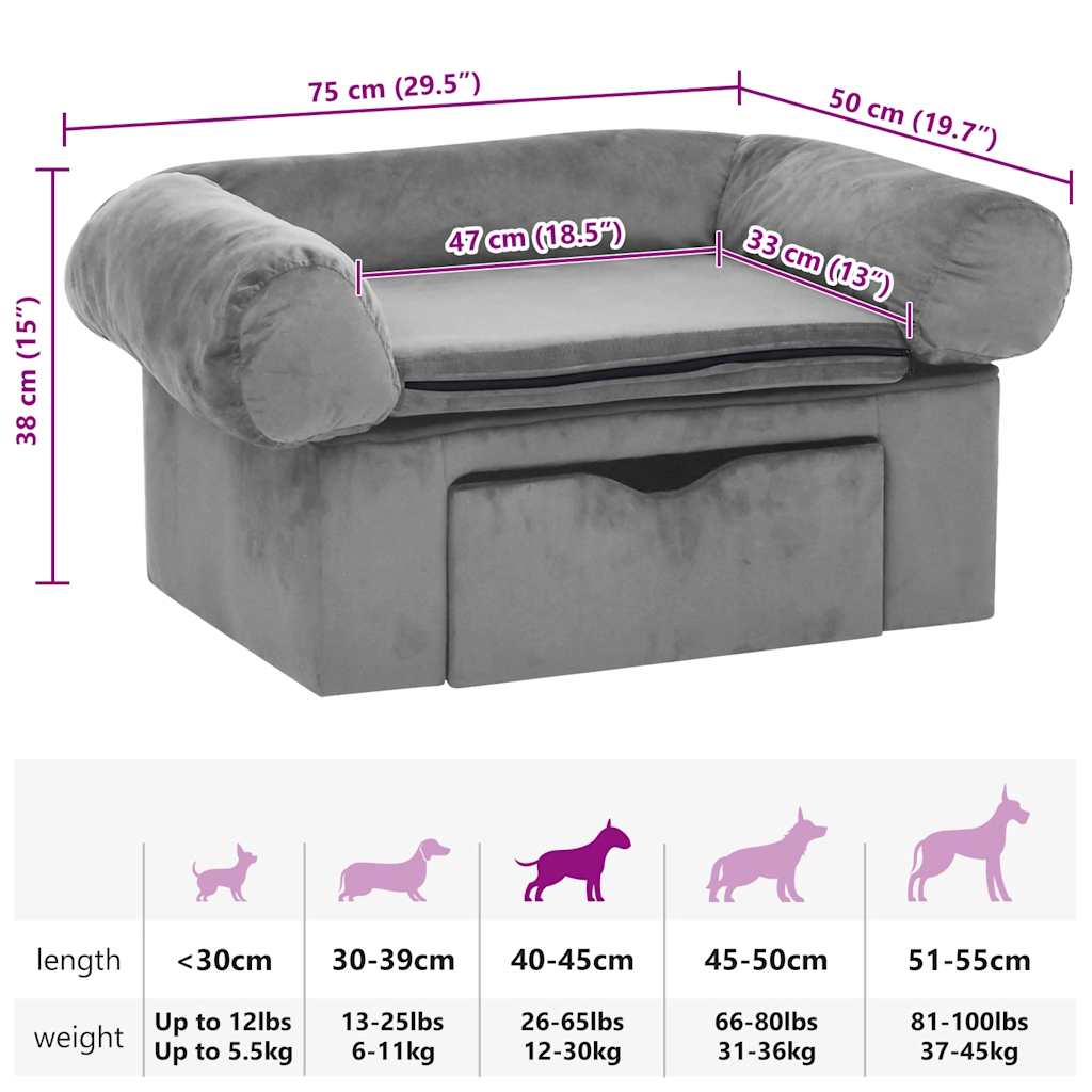vidaXL Divano per Cani con Cassetto Grigio 75x50x38 cm in Peluche