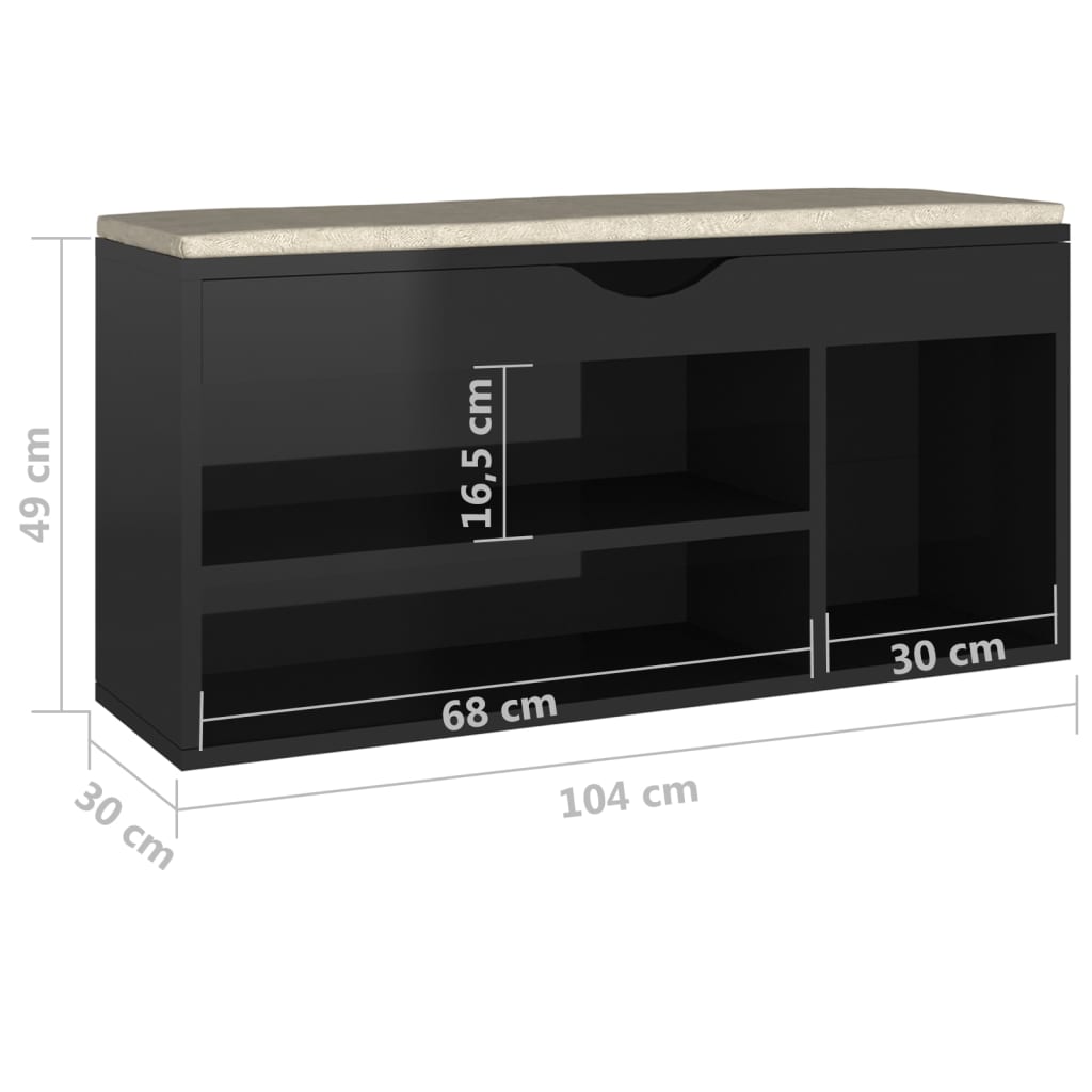 Panca per scarpe, stivali, comò, scaffale, mobili, ingresso, cuscino portaoggetti, legno composito nero lucido 02_0022950