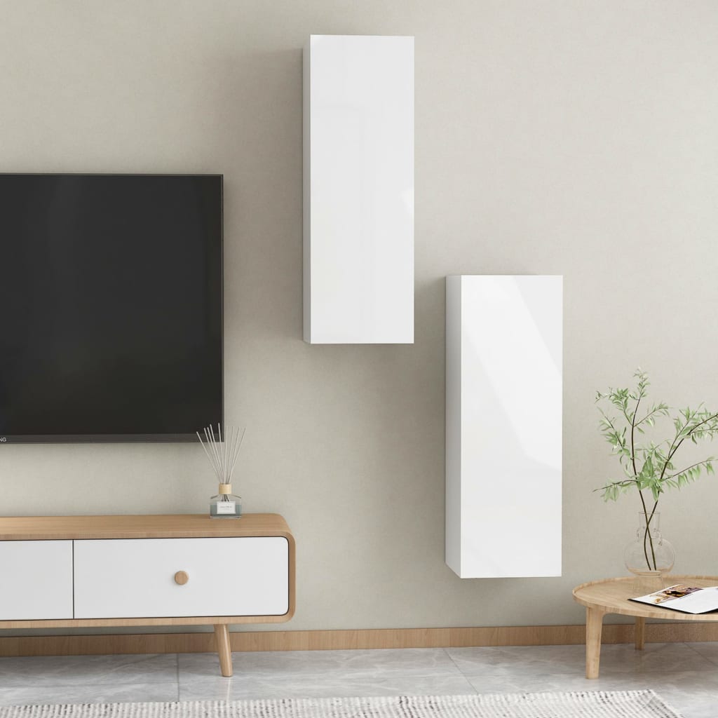 Mobili TV 2pz Bianco Lucido 30,5x30x90 cm Legno Multistrato 803357