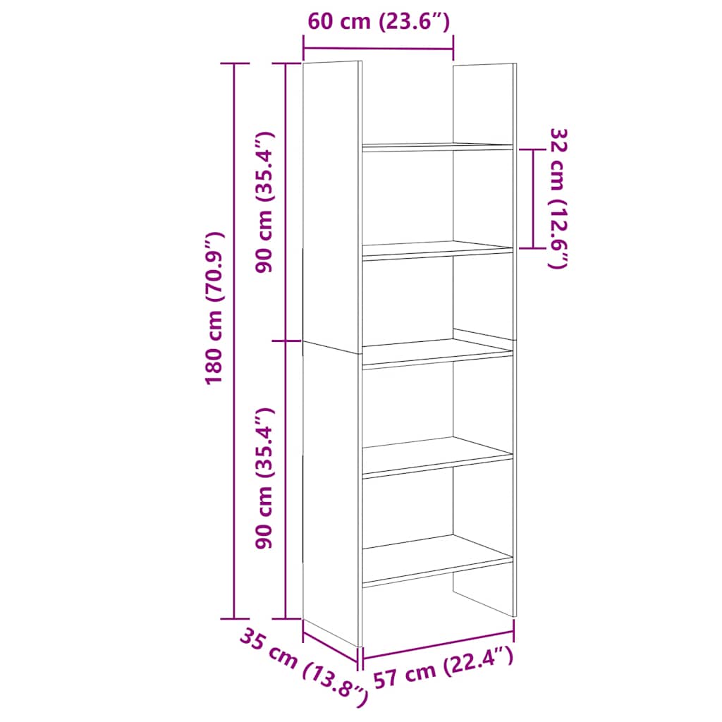 Libreria-Scaffale per Libri-Mobile di Stoccaggio Grigio Cemento 60x35x180 cm in Legno Multistrato