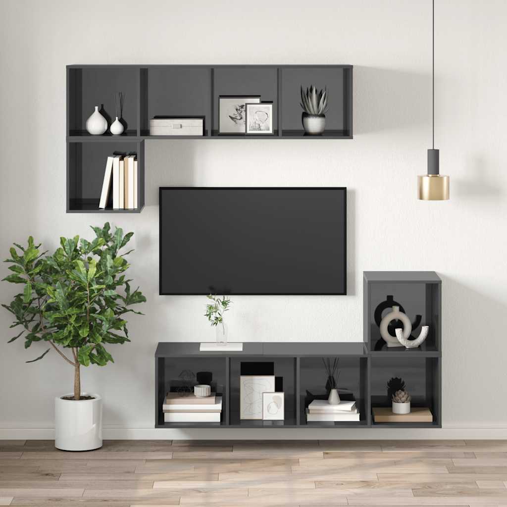Mobile TV Parete Grigio Lucido 37x37x142,5cm Legno Multistrato 805497