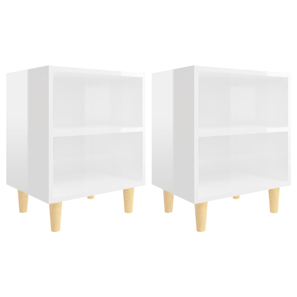 Comodini Gambe in Legno Massello 2pz-Set di 2 Tavolino da notte Bianco Lucido 40x30x50 cm