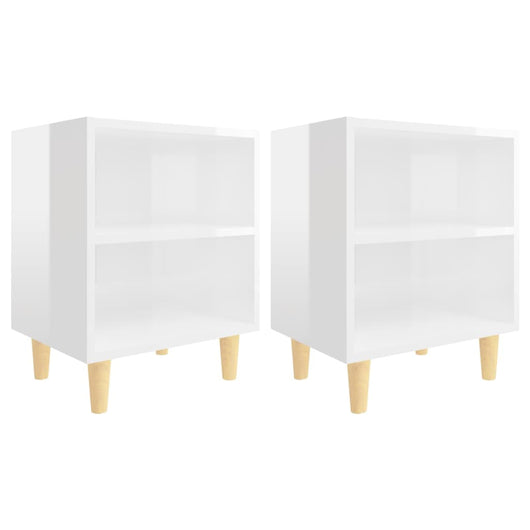 Comodini Gambe in Legno Massello 2pz-Set di 2 Tavolino da notte Bianco Lucido 40x30x50 cm