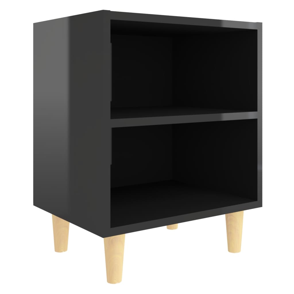 Comodino con Gambe in Legno Massello Nero Lucido 40x30x50 cm 805793