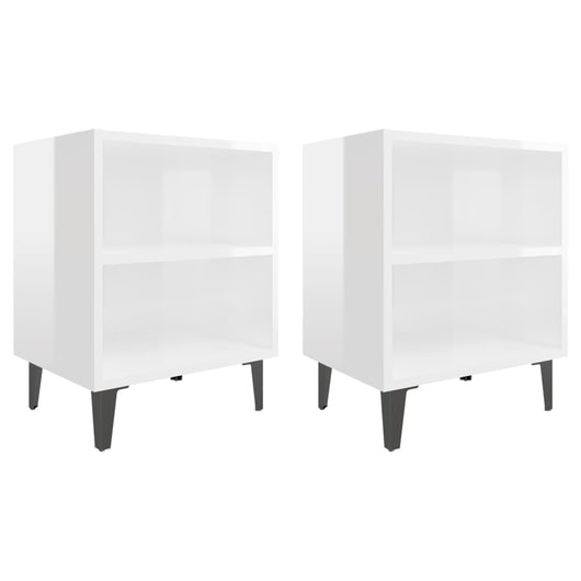 Comodini con Gambe in Metallo 2pz-Set di 2 Tavolino da notte Bianco Lucido 40x30x50 cm