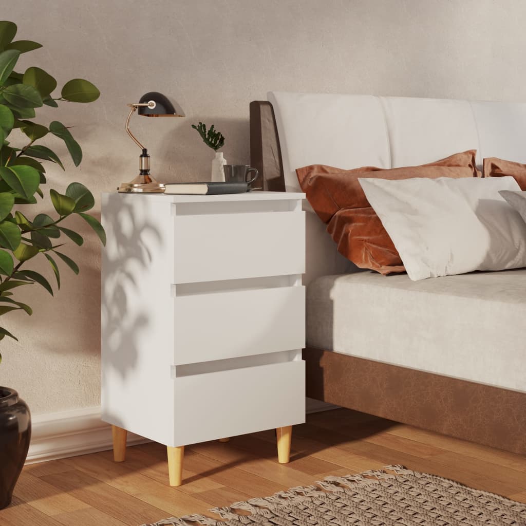 Comodino con Gambe in Legno-Tavolino da notte Massello Bianco 40x35x69 cm