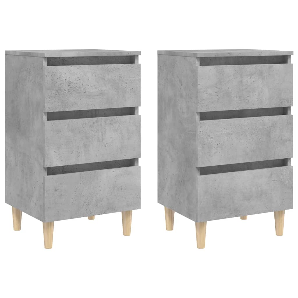 Comodini con Gambe Legno Massello 2pz-Tavolino da notte Grigio Cemento 40x35x69cm