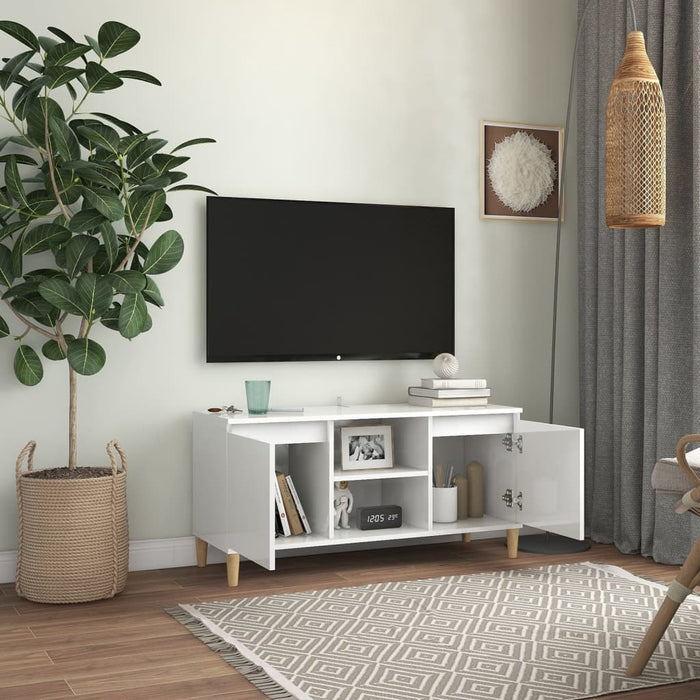 Mobile TV con Gambe-Credenza TV-Console TV Legno Massello Bianco Lucido 103,5x35x50 cm
