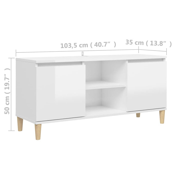 Mobile TV con Gambe-Credenza TV-Console TV Legno Massello Bianco Lucido 103,5x35x50 cm