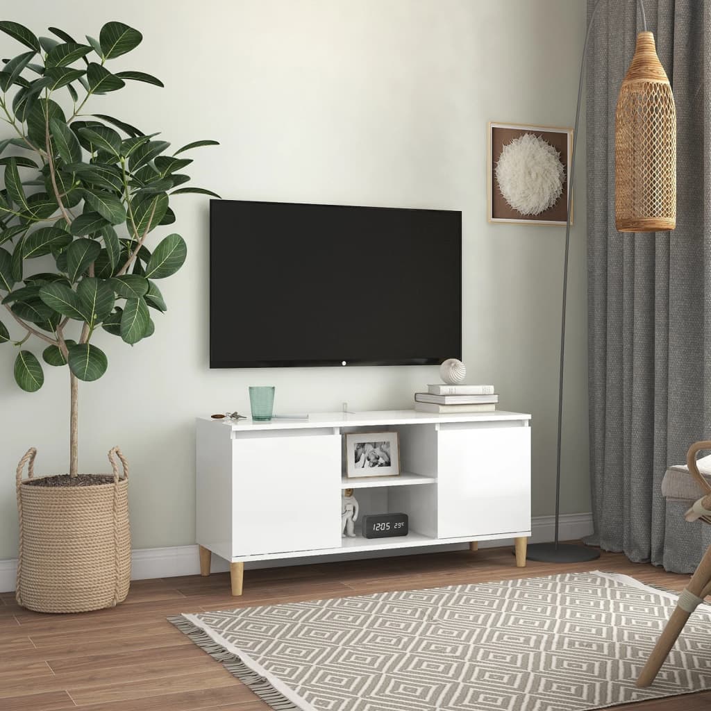 Mobile TV con Gambe-Credenza TV-Console TV Legno Massello Bianco Lucido 103,5x35x50 cm