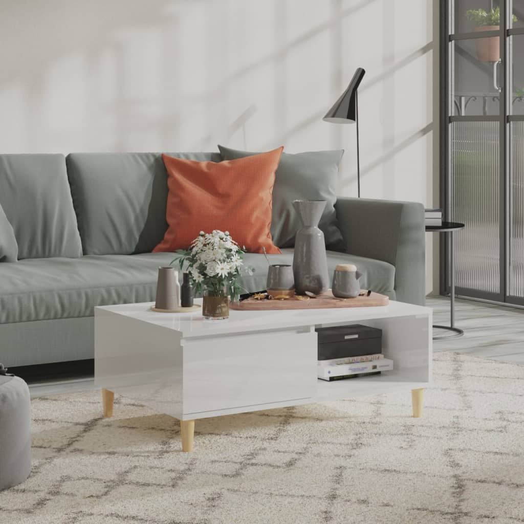 Tavolino Salotto Bianco Lucido 90x60x35 cm in Legno Multistrato 806001