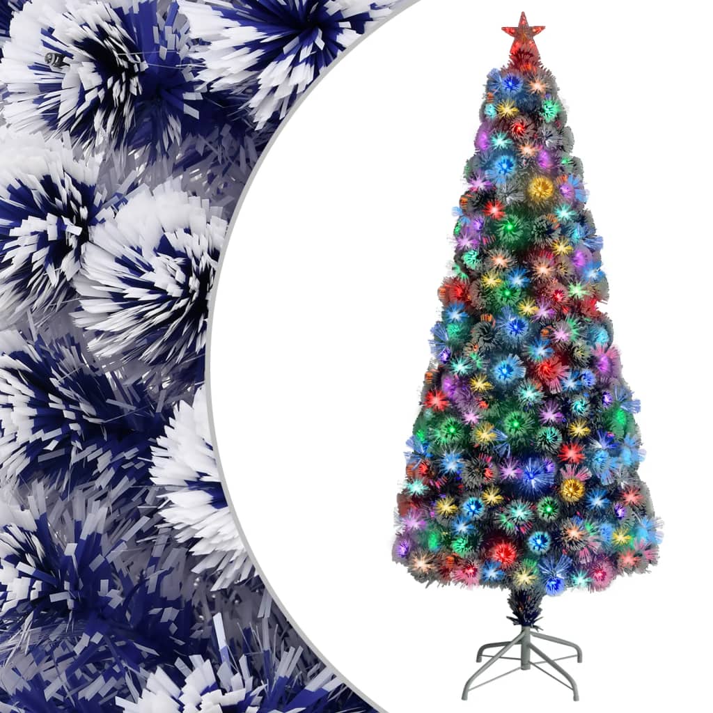 Albero Natale Artificiale LED Bianco e Blu 180 cm Fibra Ottica