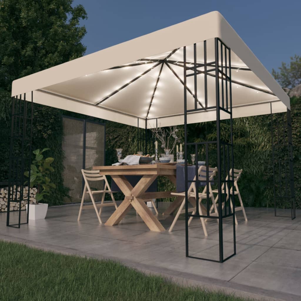 Gazebo con Stringa di Luci LED 3x3 m Crema