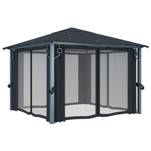 Gazebo con Tende e Luci LED 300x300 cm Antracite in Alluminio