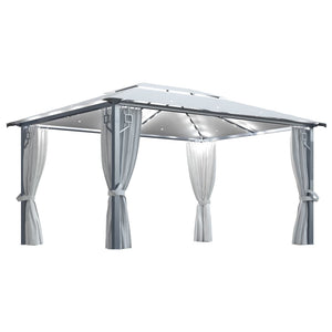 Gazebo con Tende Stringa di Luci LED 400x300 cm Crema Alluminio