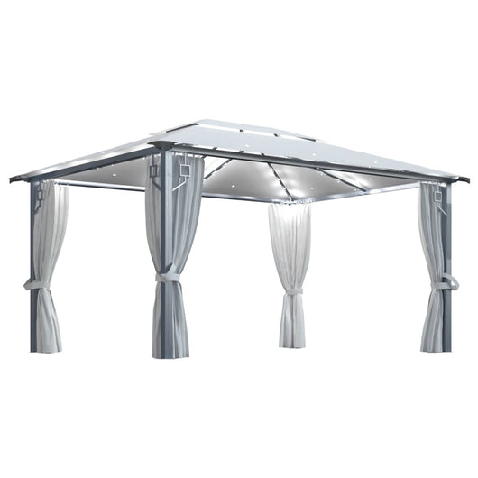 Gazebo con Tende Stringa di Luci LED 400x300 cm Crema Alluminio