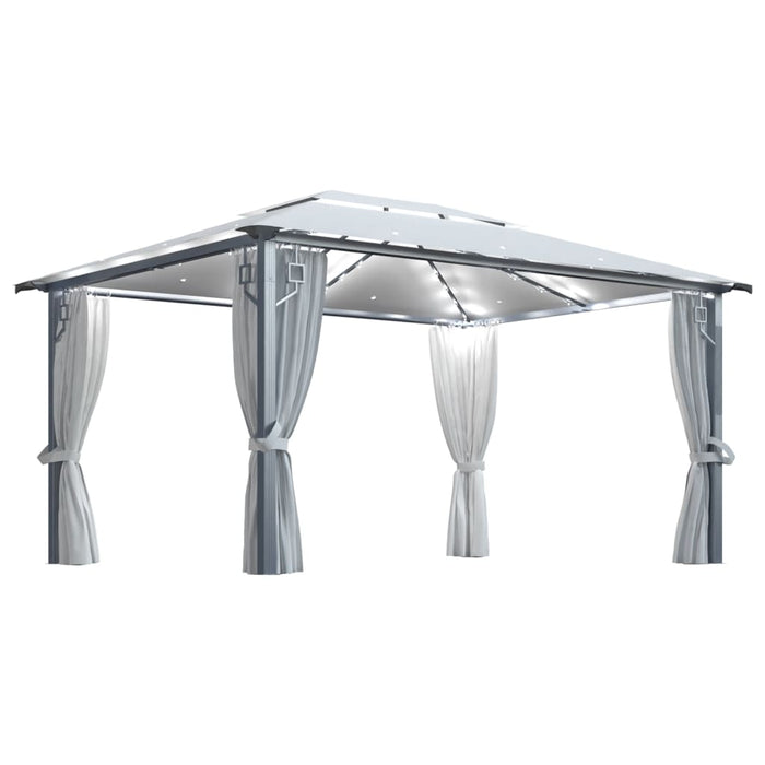 Gazebo con Tende Stringa di Luci LED 400x300 cm Crema Alluminio