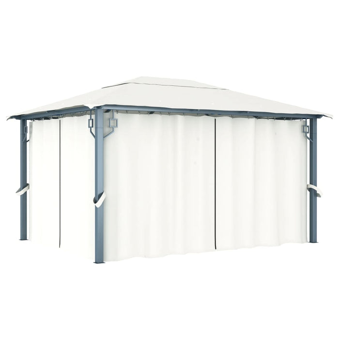 Gazebo con Tende Stringa di Luci LED 400x300 cm Crema Alluminio