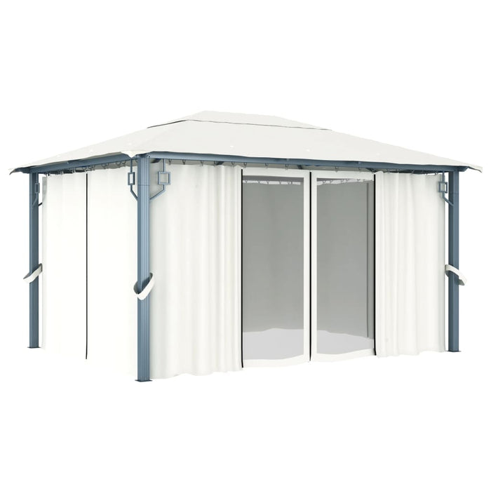 Gazebo con Tende Stringa di Luci LED 400x300 cm Crema Alluminio