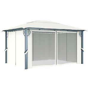 Gazebo con Tende Stringa di Luci LED 400x300 cm Crema Alluminio