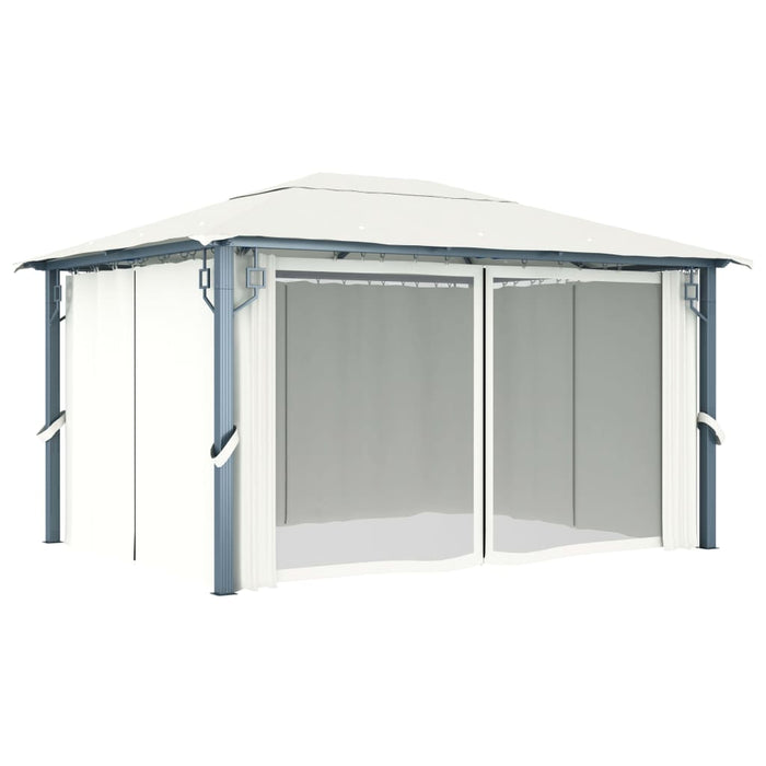 Gazebo con Tende Stringa di Luci LED 400x300 cm Crema Alluminio
