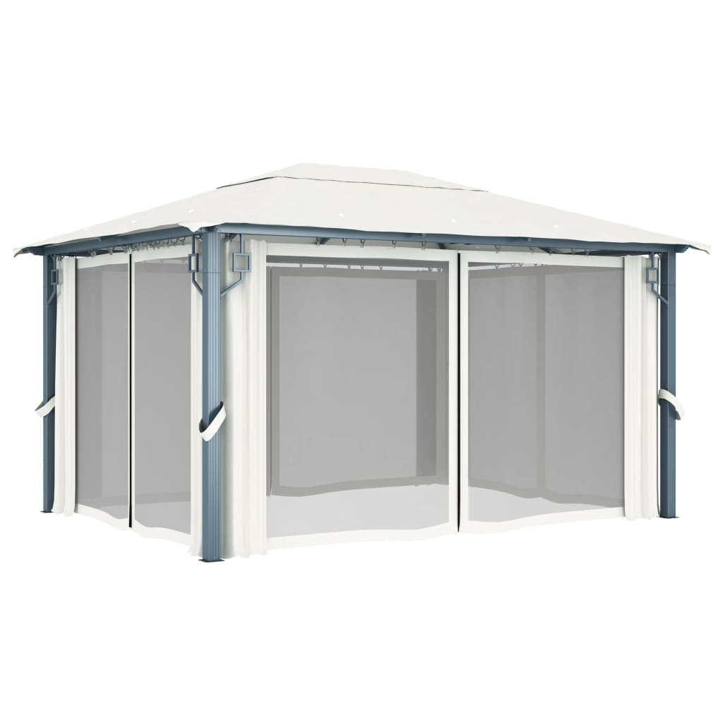 Gazebo con Tende Stringa di Luci LED 400x300 cm Crema Alluminio