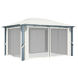 Gazebo con Tende Stringa di Luci LED 400x300 cm Crema Alluminio
