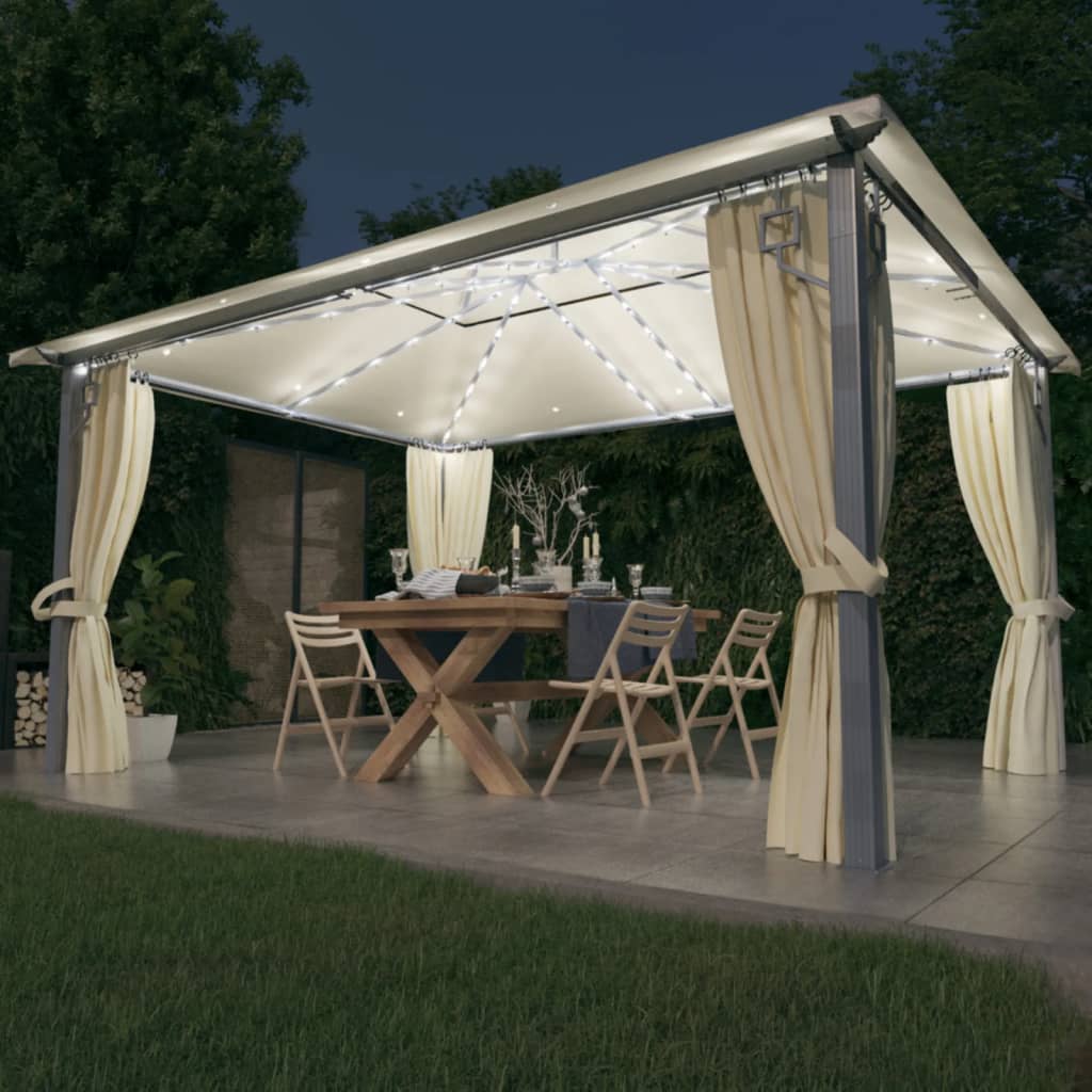 Gazebo con Tende Stringa di Luci LED 400x300 cm Crema Alluminio