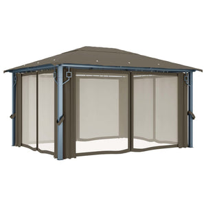 Gazebo con Tende e Luci LED 400x300 cm Grigio Talpa Alluminio