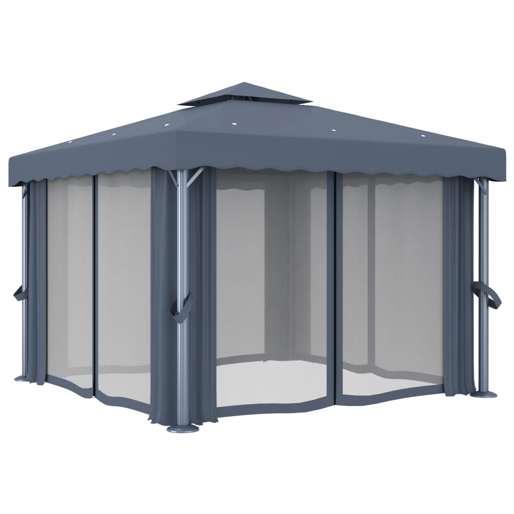 Gazebo con Tende e Stringa di Luci LED 3x3 m Antracite