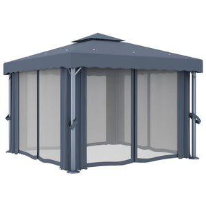 Gazebo con Tende e Stringa di Luci LED 3x3 m Antracite
