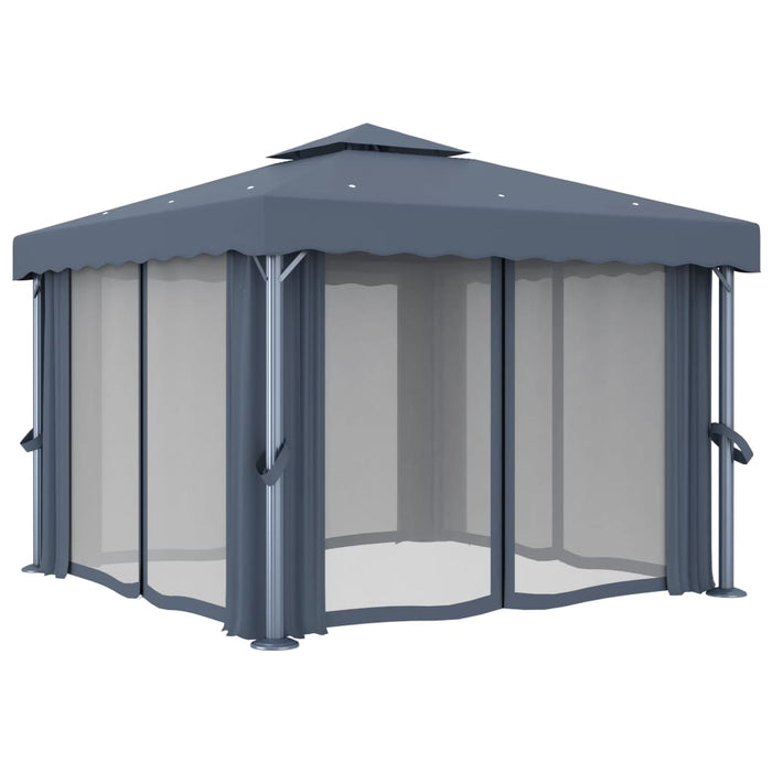 Gazebo con Tende e Stringa di Luci LED 3x3 m Antracite