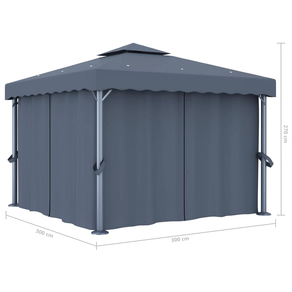 Gazebo con Tende e Stringa di Luci LED 3x3 m Antracite