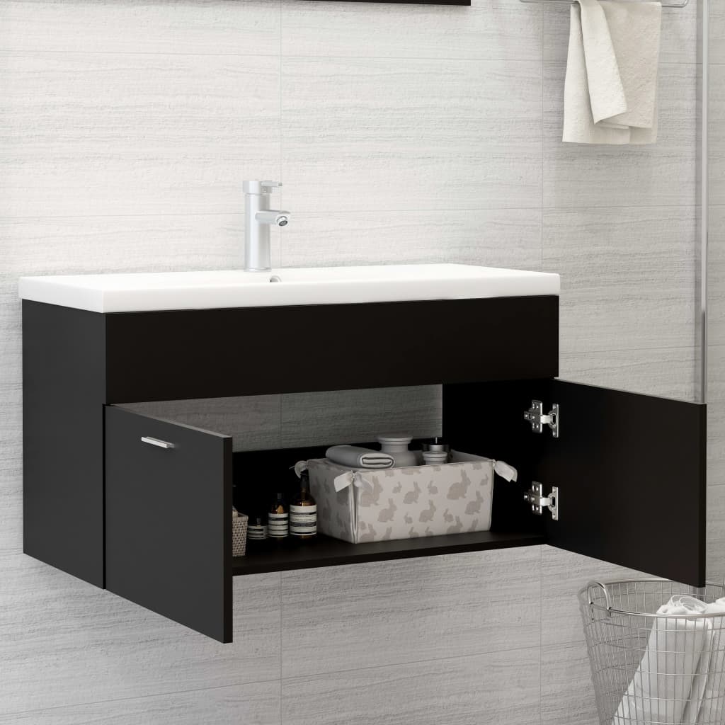 Mobile da Bagno con Lavabo Integrato-Armadietto da bagno con Lavandino Nero in Truciolato 666217