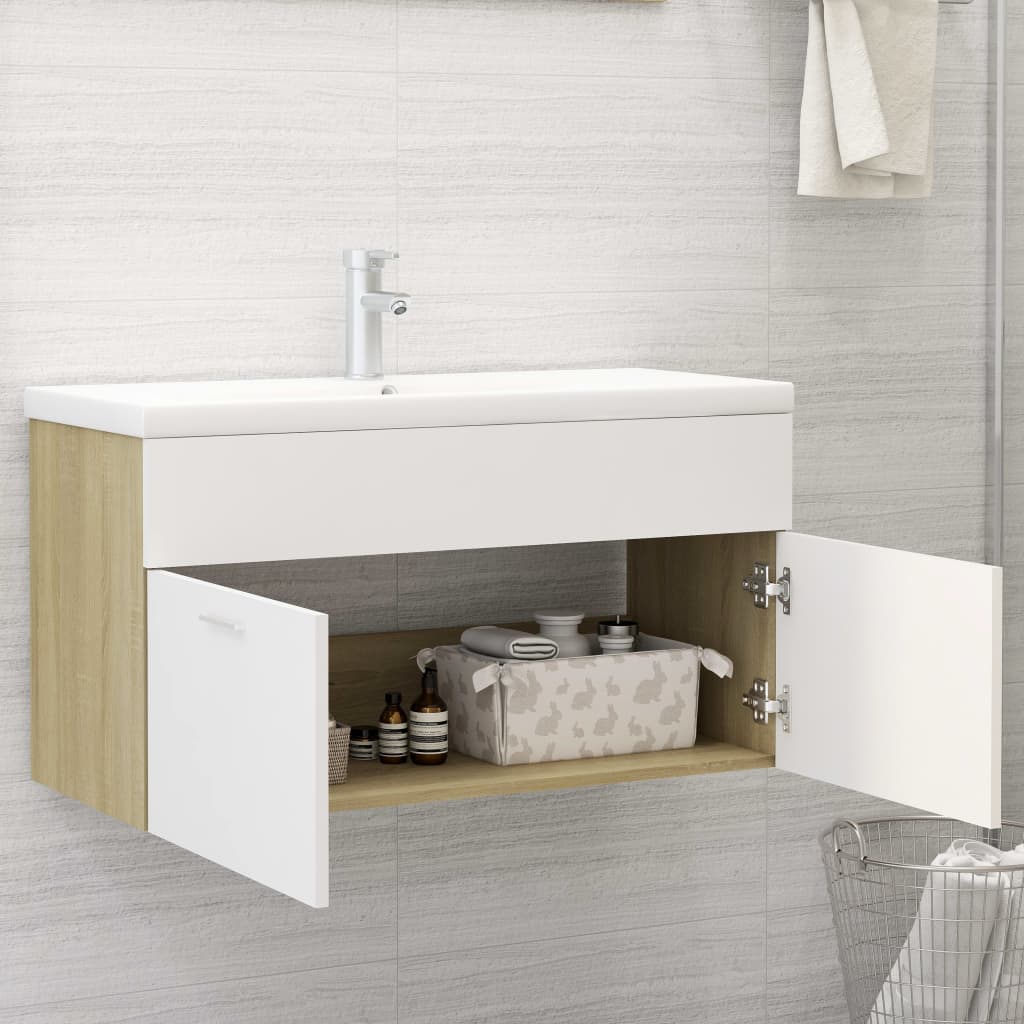 Mobile da Bagno con Lavabo Bianco e Rovere Sonoma in Truciolato cod mxl 68958