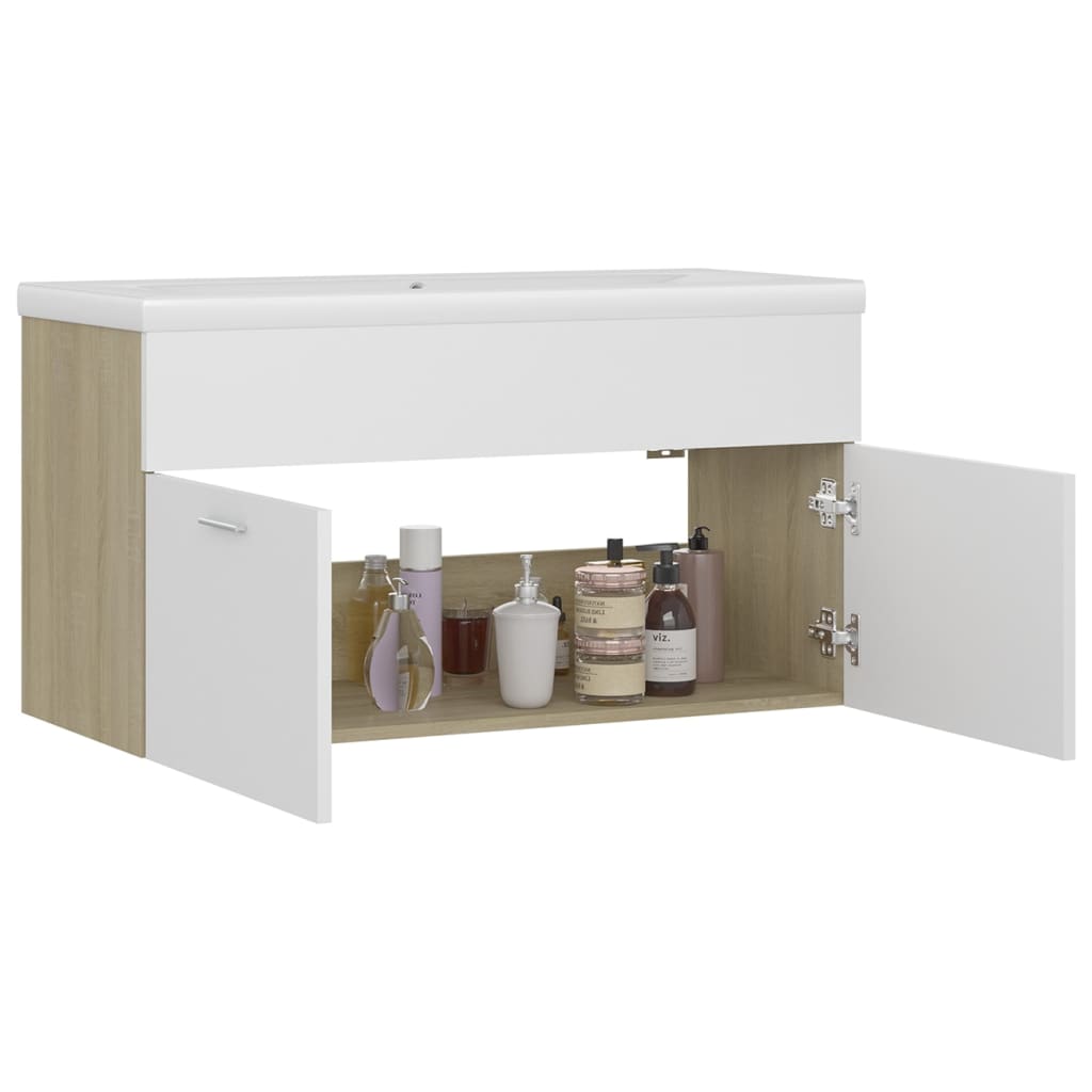 Mobile da Bagno con Lavabo Bianco e Rovere-Armadietto da bagno con Lavandino Sonoma in Truciolato 846015