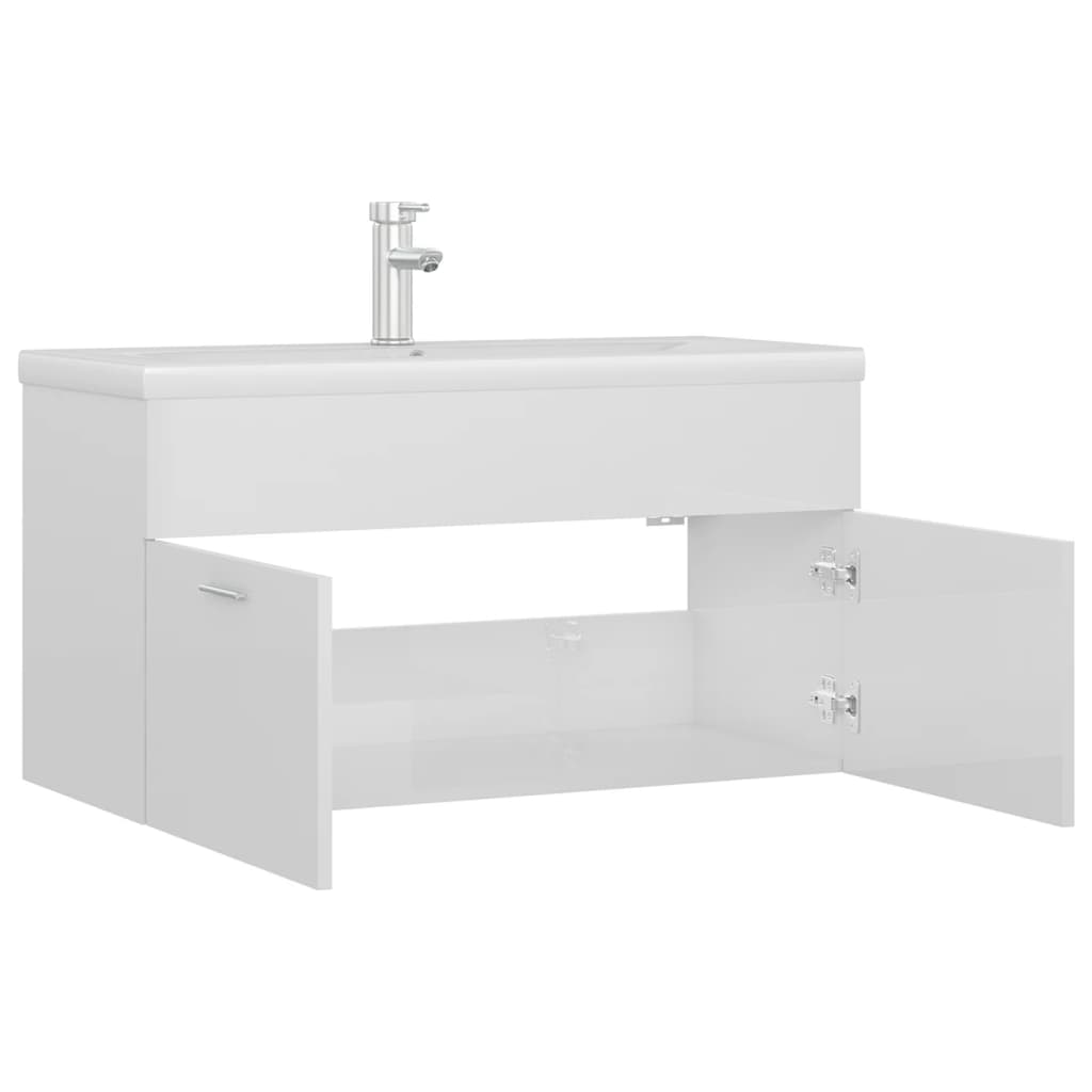 Mobile con Lavabo Integrat-Armadietto da Cucina-Lavandinoo Bianco Lucido in Legno Multistrato 522256