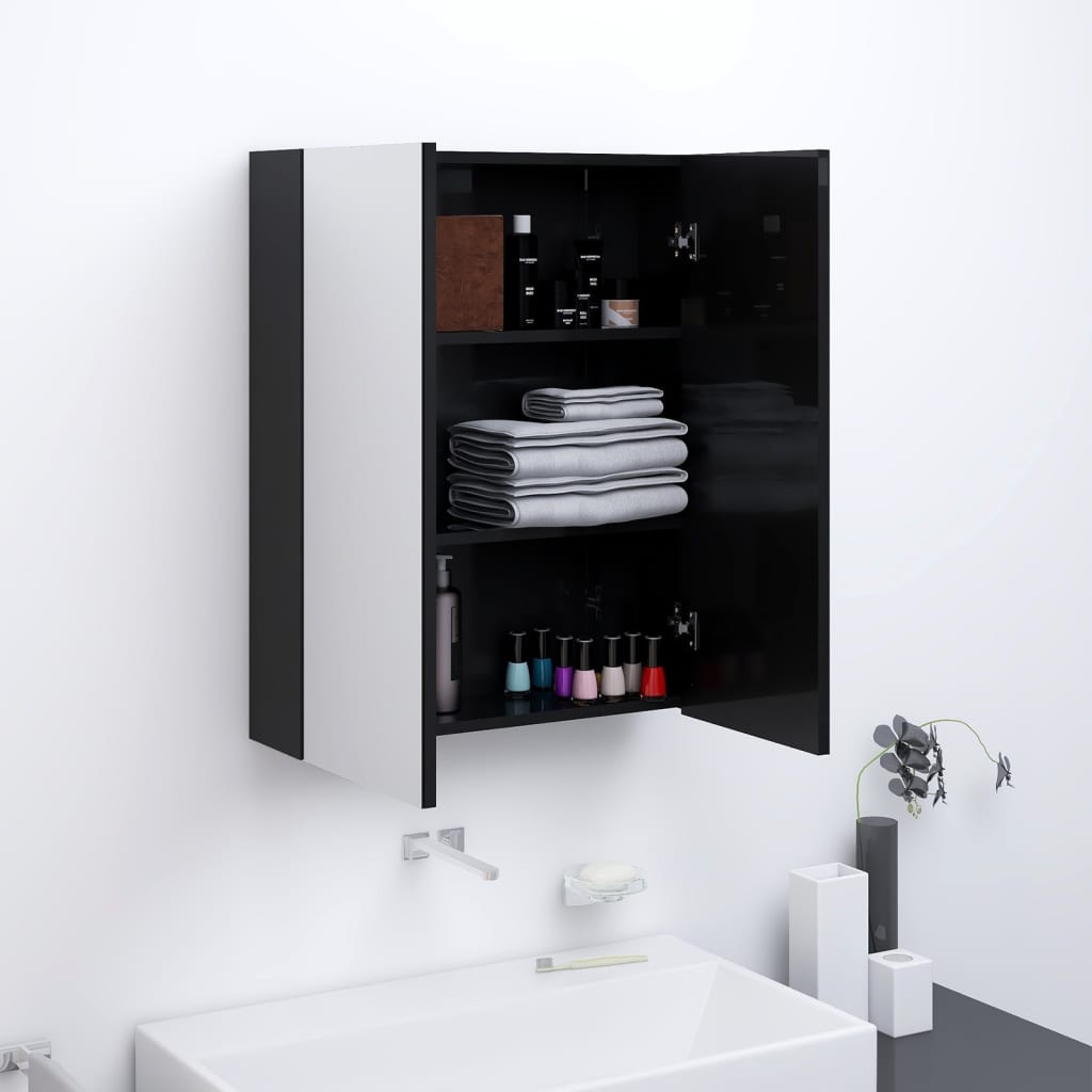 Armadietto a Specchio per Bagno 60x15x75 cm MDF Nero Lucido 331524