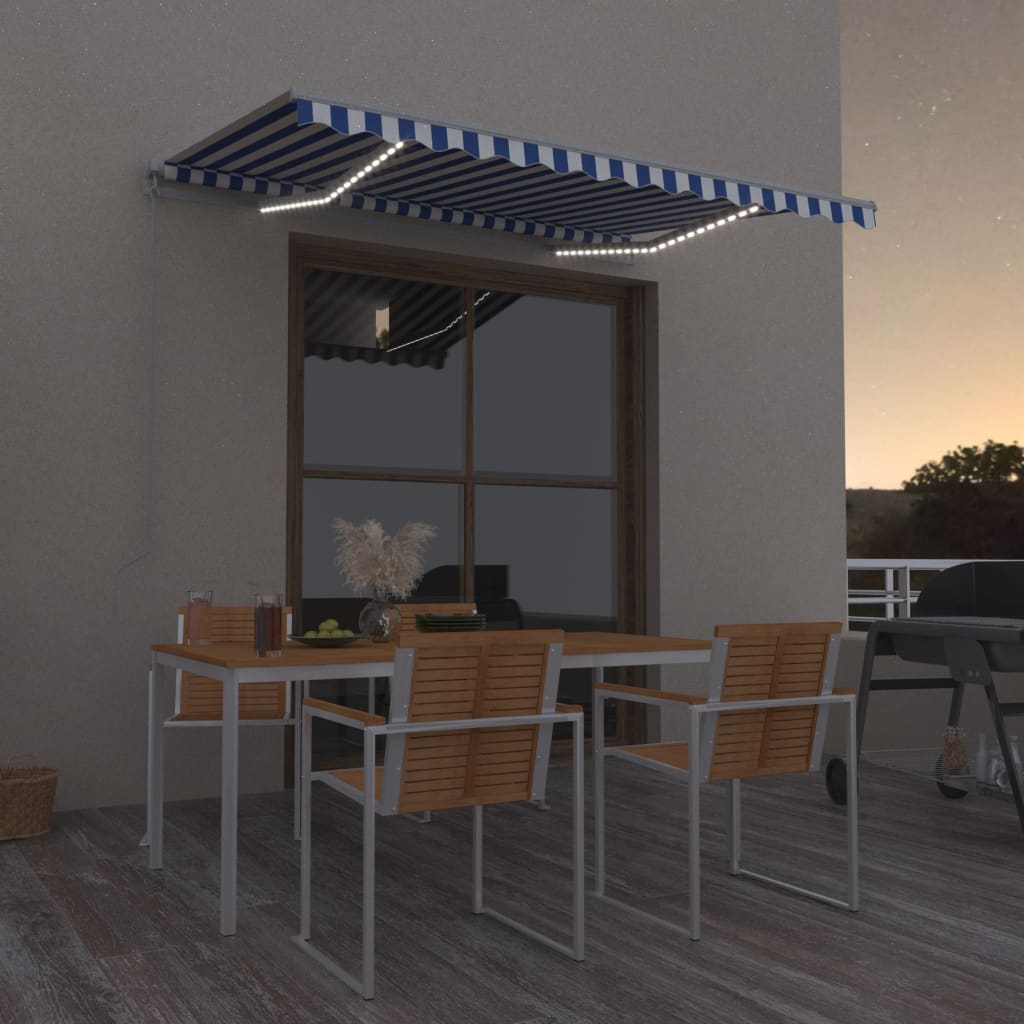 Tenda da Sole Retrattile Manuale con LED 300x250cm Blu e Bianco 3068861