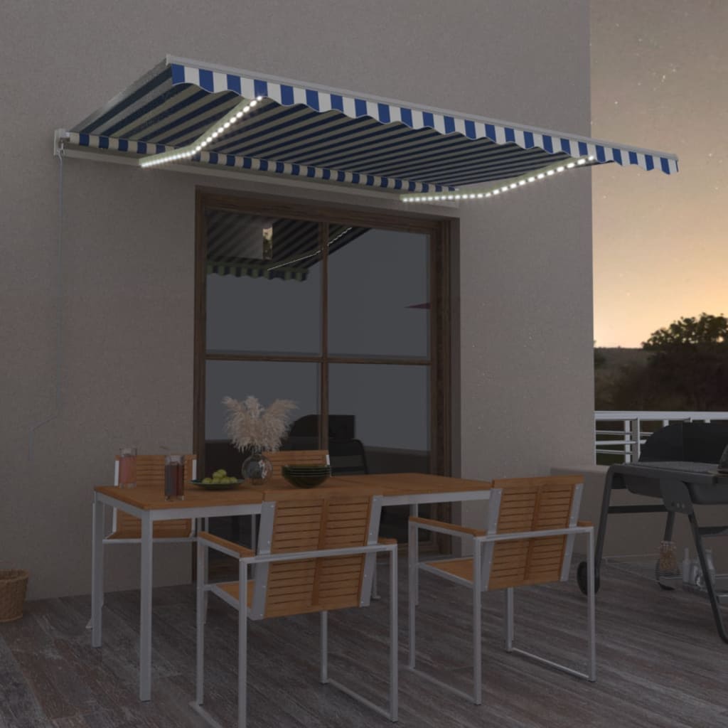 Tenda da Sole Retrattile Manuale con LED 400x350 cm Blu Bianco 3068981