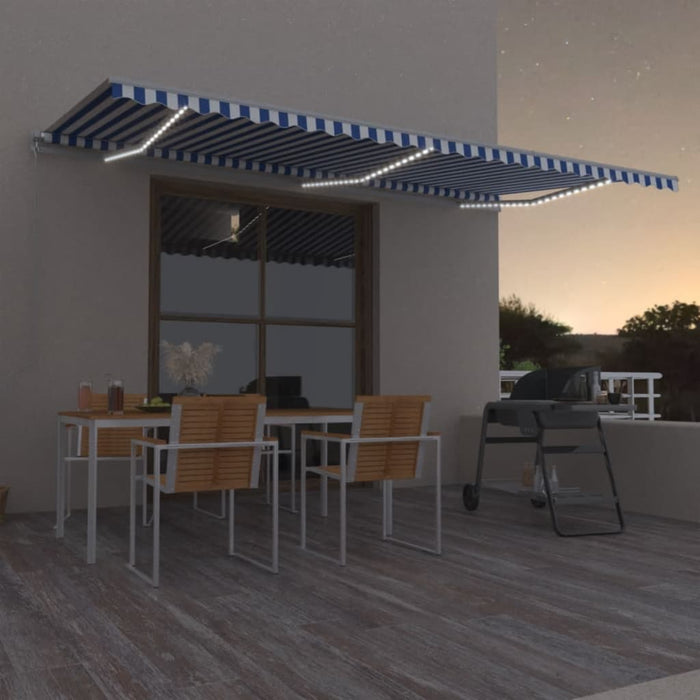 Tenda da Sole Retrattile Manuale con LED 600x350 cm Blu Bianco 3069041