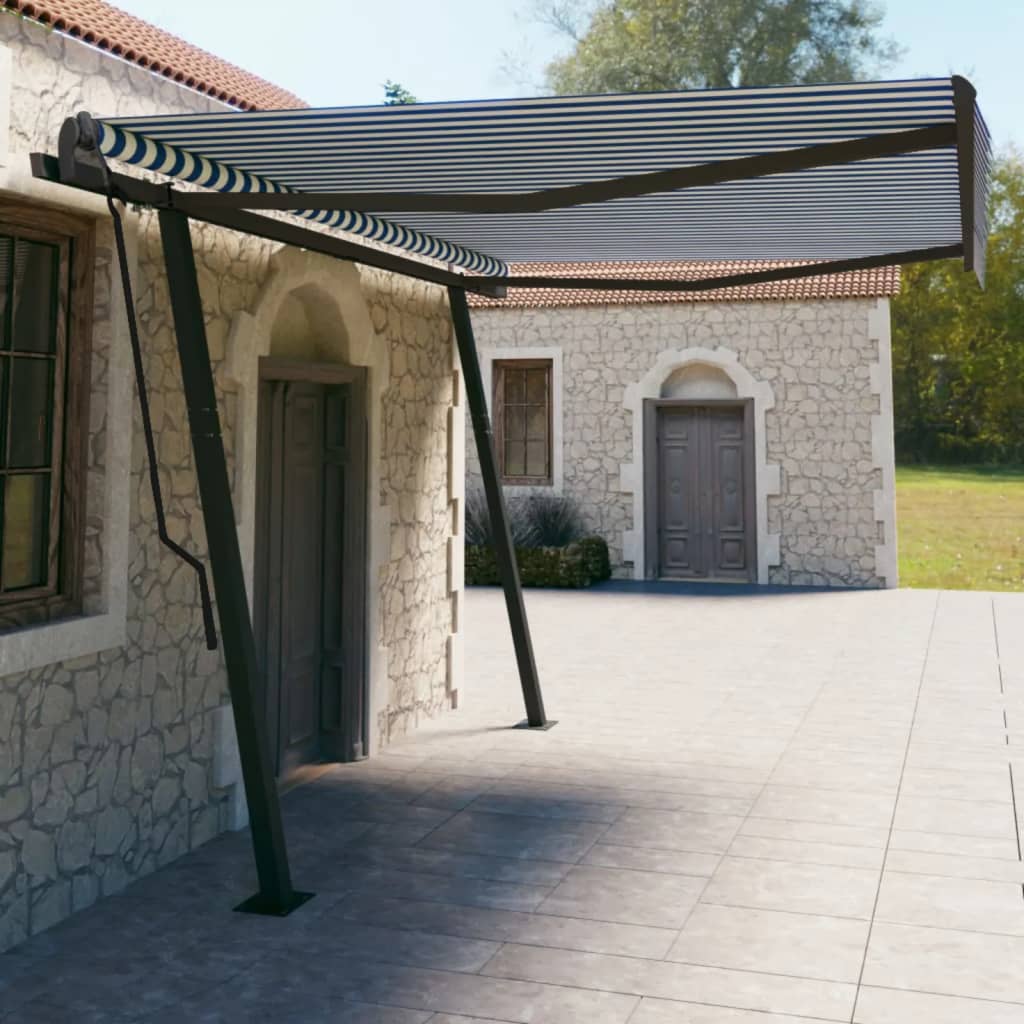 Tenda da Sole Retrattile Automatica con Pali 4,5x3 m Blu Bianca 3070166